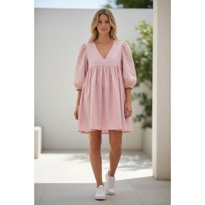 Sunday Best Aritzia Pink Babydoll Dress V-Neck Puff Sleeve Mini XS